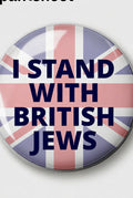 Badge with Union Jack design and text 'I Stand With British Jews' on a white background.