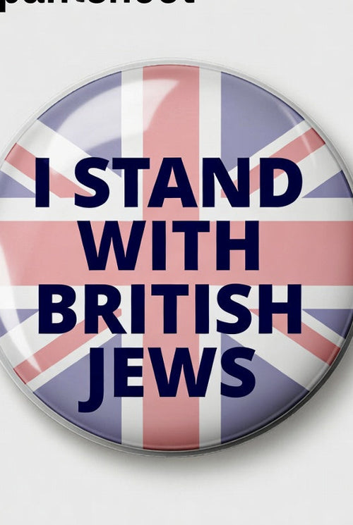 Badge with Union Jack design and text 'I Stand With British Jews' on a white background.